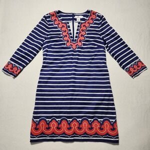 VINEYARD VINES‎ Dress blue/white Stripes Red embroidery Nautical split neck sz 8